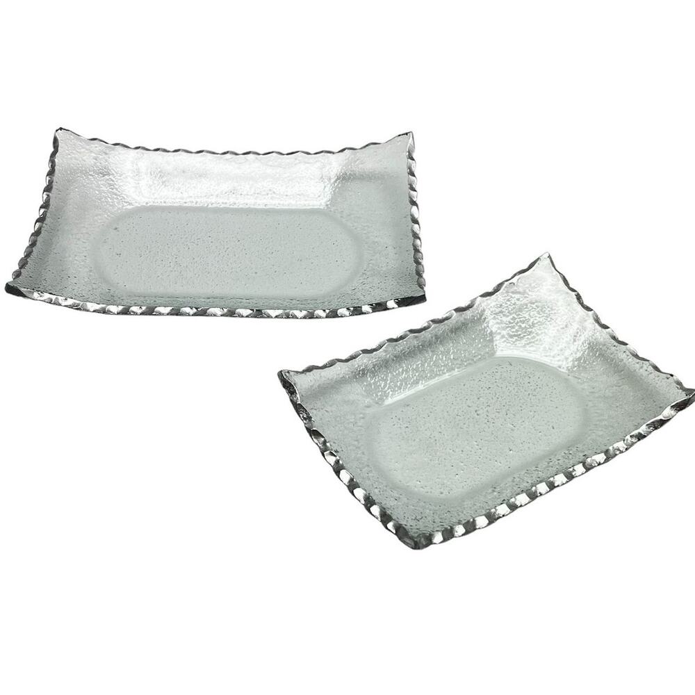Classic Touch Serving Trays Set of 2 Silver Scalloped Rim Glass Rectangle